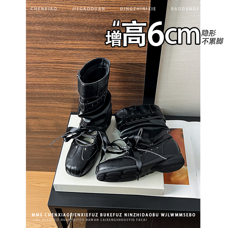 不累脚！内增高6CM系带可两穿拆卸堆堆靴2026冬季新款短筒靴子女