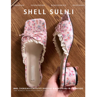 不累脚！法式方头粗跟一字拖鞋女夏外穿2026新款配裙子仙女风凉拖