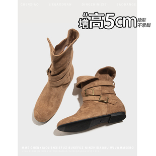 隐形内增高5CM！小个子圆头绒面靴子2025秋冬新款皮带扣中筒靴女