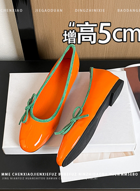 内增高5CM！小个子橙色蝴蝶结玛丽珍鞋2026春季新款一脚蹬单鞋女