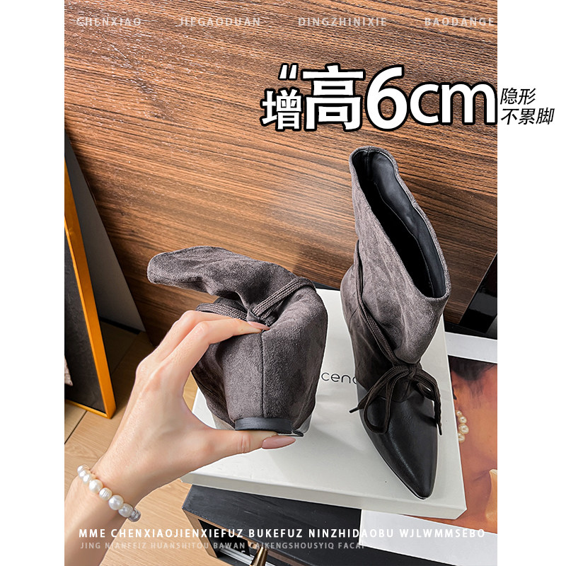 不累脚！内增高6CM尖头绑带绒面靴子2026年冬季小个子短筒靴女
