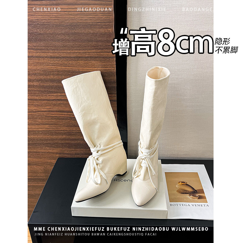 不累脚!内增高8CM尖头绑带马丁靴子2026秋冬新款小个子中筒靴女