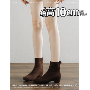 内增高10CM！绒面猫跟短靴女2025冬后拉链不累脚小个子瘦瘦时装靴