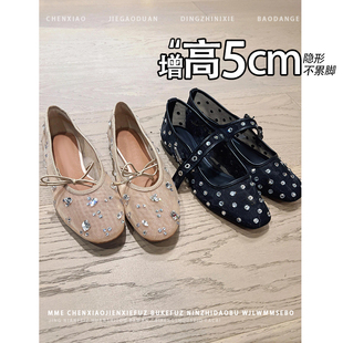 不累脚！法式水钻网纱凉鞋女2025新款仙女风内增高玛丽珍单鞋女