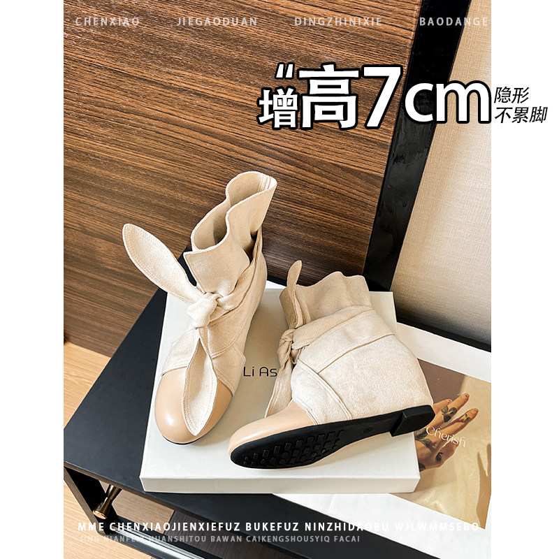 不累脚！内增高7CM韩版圆头蝴蝶结西部靴2026年冬季绑带短筒靴女