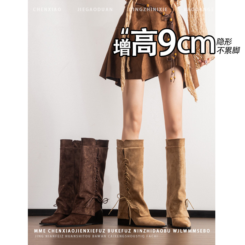 不累脚!内增高9CM复古绑带不过膝长筒靴女2026年冬季尖头裤管靴