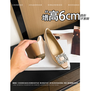 不累脚！隐形内增高6CM方头水钻扣玛丽珍鞋2026新款一脚蹬单鞋女