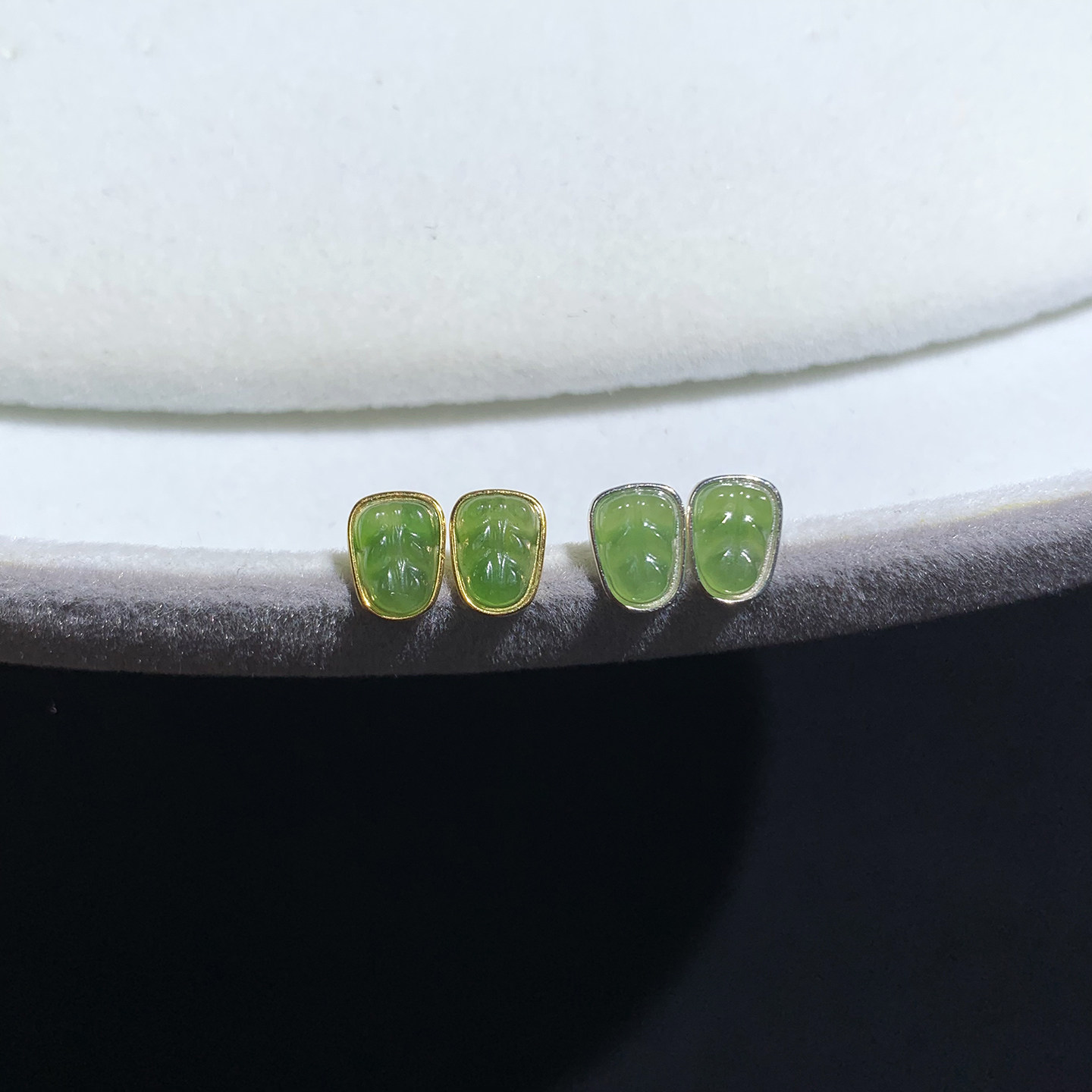小萌物925银镶天然和田碧玉树叶耳钉苹果绿耳饰玉石耳环精致礼物图片