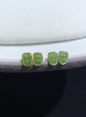 小萌物925银镶天然和田碧玉树叶耳钉苹果绿耳饰玉石耳环精致礼物