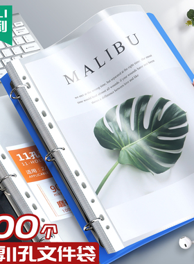 杰利11孔文件袋透明塑料A4办公资料袋档案袋防水收纳合同插页式文件套加厚十一孔活页袋薄膜保护袋打孔袋定制