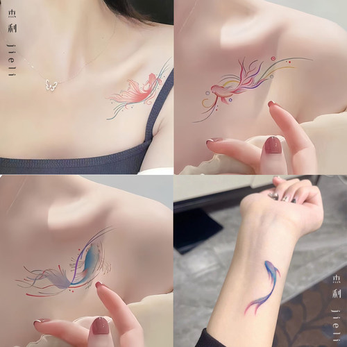 彩色锦鲤手腕纹身贴纸少女锁骨仙气纹身贴女防水持久高级感可爱ins风遮盖疤痕儿童如愿学生可洗2026新款定制
