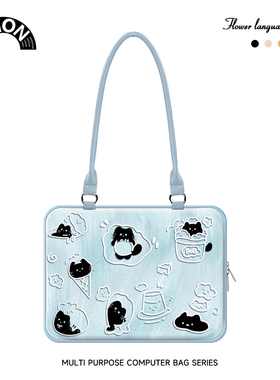 V-SION黑色小猫笔记本重磅托特电脑包女2024款手提适用于苹果macbook15.6小新air13华为matebook联想14内胆包