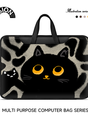 V-SION黑色小猫笔记本电脑包女适用于苹果macbook电脑包14寸小新air13华为matebook联想电脑包16寸电脑内胆包