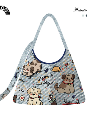 V-SION牛仔狗狗可爱童趣休闲潮流时尚单肩包小众百搭新月手提