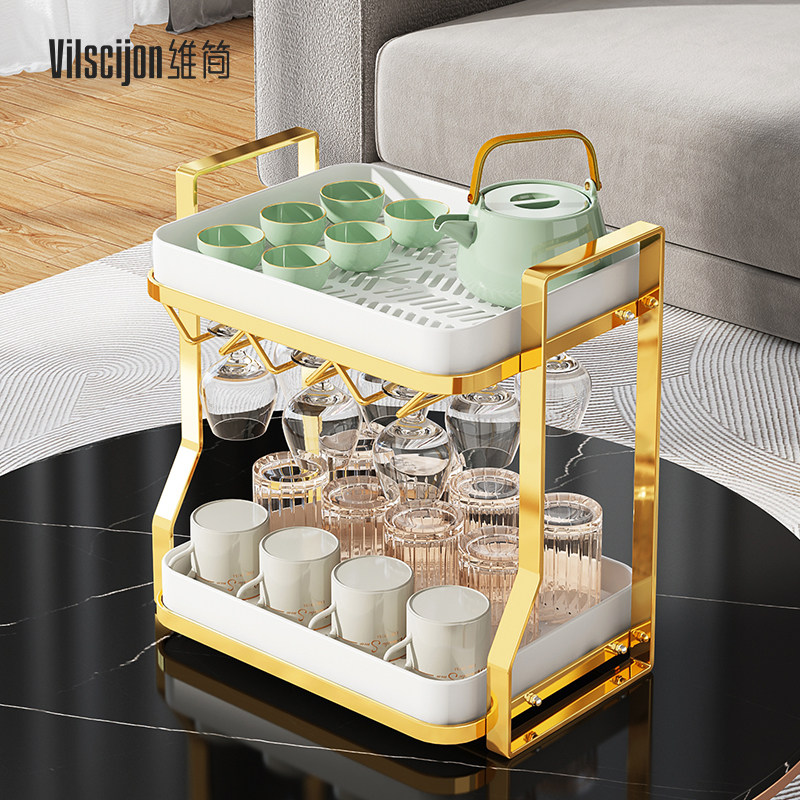 杯子收纳置物架轻奢杯架双层沥水托盘家用客厅桌面茶杯放水杯架子