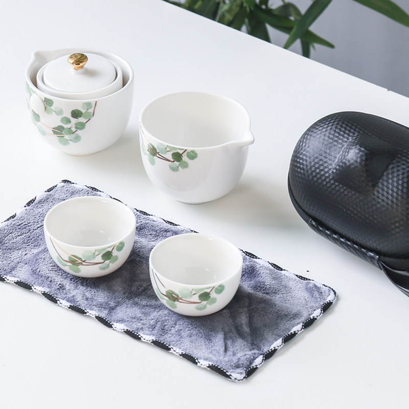简欧绿叶旋转快客杯一壶二杯陶瓷便携茶具小套家用功夫旅行套装