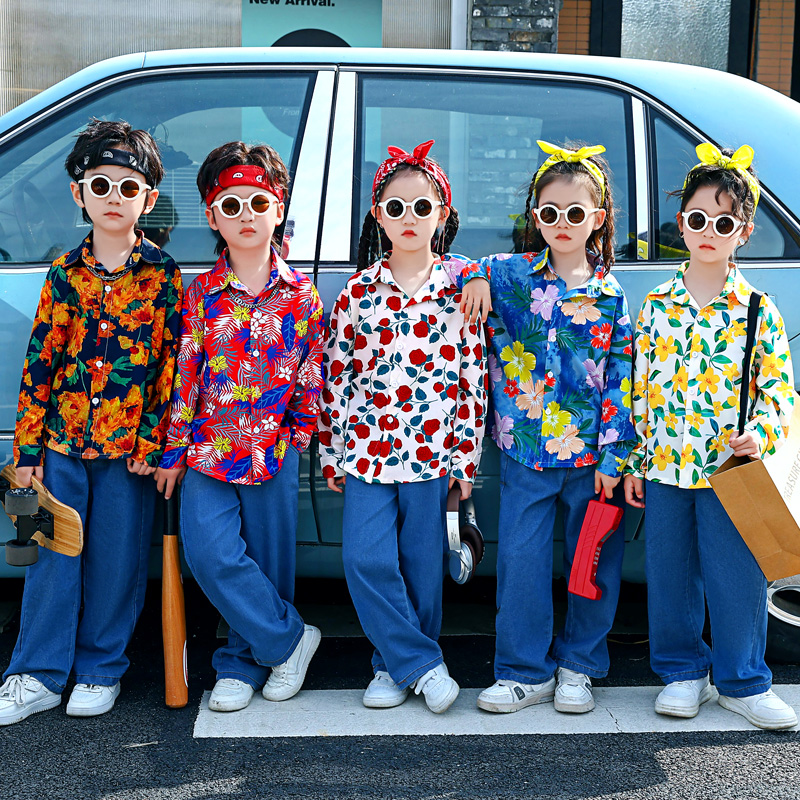 元旦青苹果乐园卡拉永远OK90年代复古演出服儿童花衬衫舞蹈服长袖