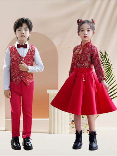 小学祖国有我演出服儿童合唱服男童红色礼服套装女童中国风连衣裙
