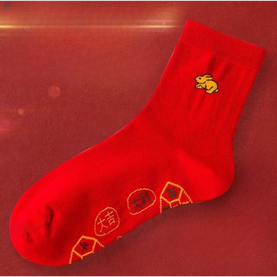脚踏七星连珠红袜子本命年加厚秋冬纯棉中筒男女情侣一对结婚喜袜