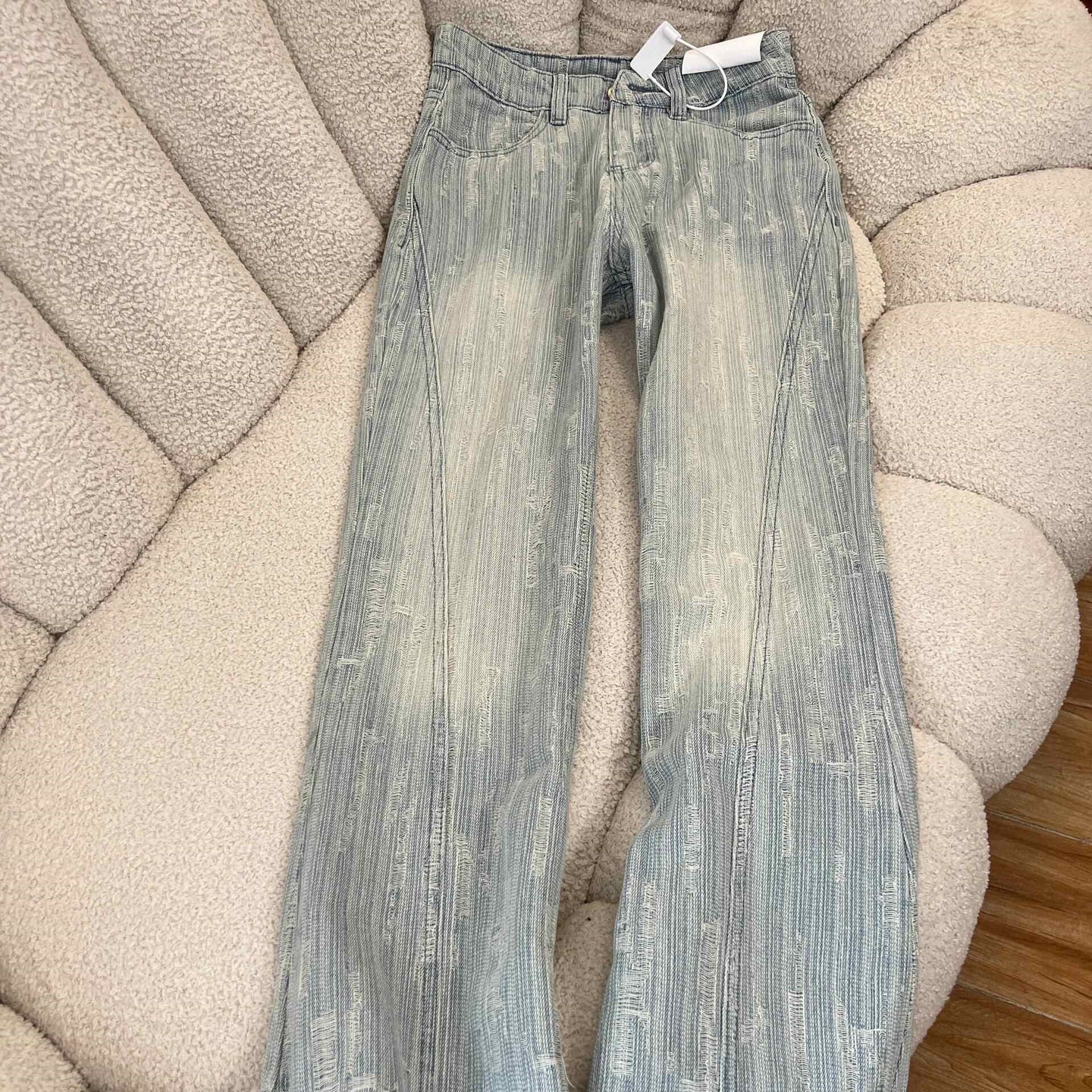设计感浅色微喇牛仔裤女春夏新款高腰宽松显瘦纹理提花百搭马蹄裤
