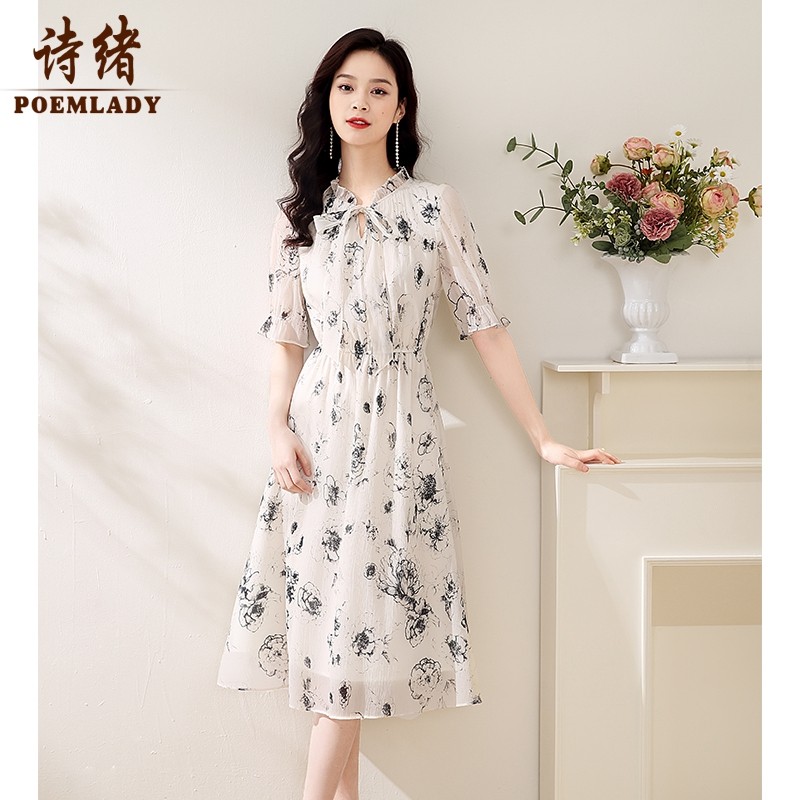 诗绪印花a字收腰时尚减龄连衣裙图片