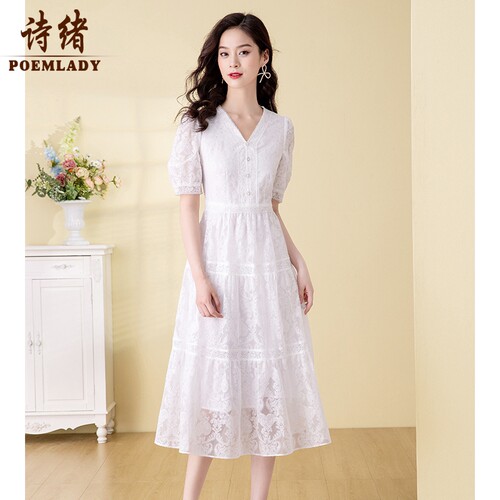 诗绪白色蕾丝连衣裙女肌理感显瘦