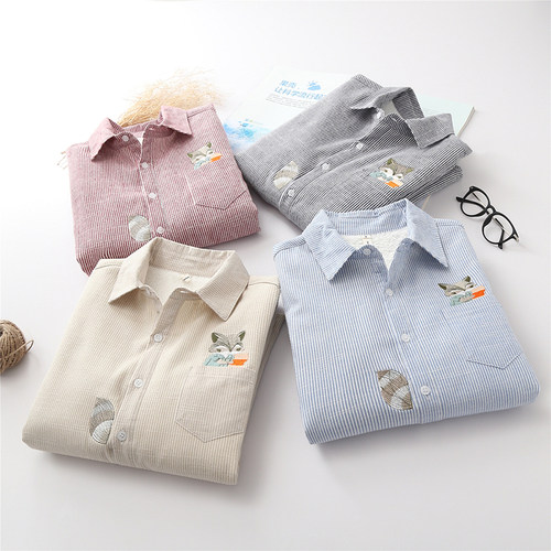 chic条纹加绒加厚保暖刺绣衬衫