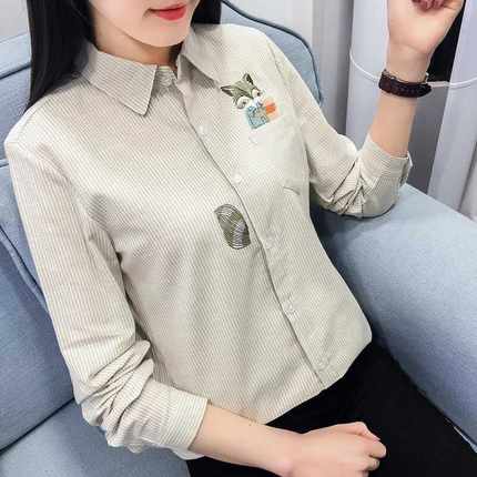 2024春装新款竖条纹衬衫女长袖韩版宽松显瘦狐狸刺绣打底上衣寸衣