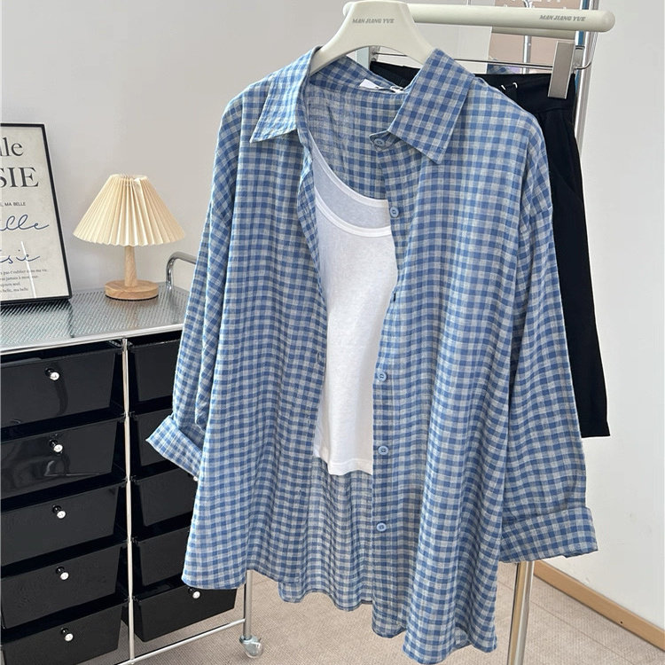 夏季薄款防晒宽松休闲风衬衫女纯棉透气百搭文艺长袖格子港味衬衣