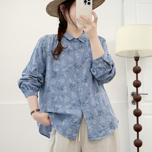 小众衬衣开衫 田园风文艺百搭秋季 宽松印花上衣牛仔蓝长袖 衬衫 长袖