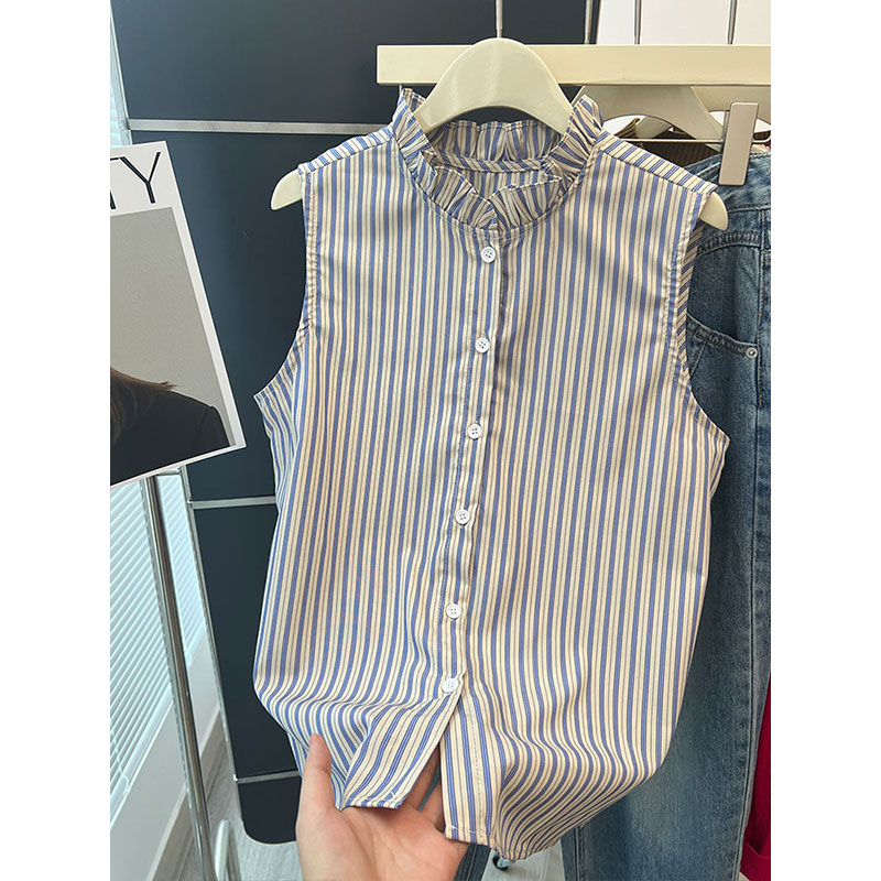 卡姿尚无袖条纹衬衫女港风复古荷叶木耳花边衬衣背心打底衫上衣