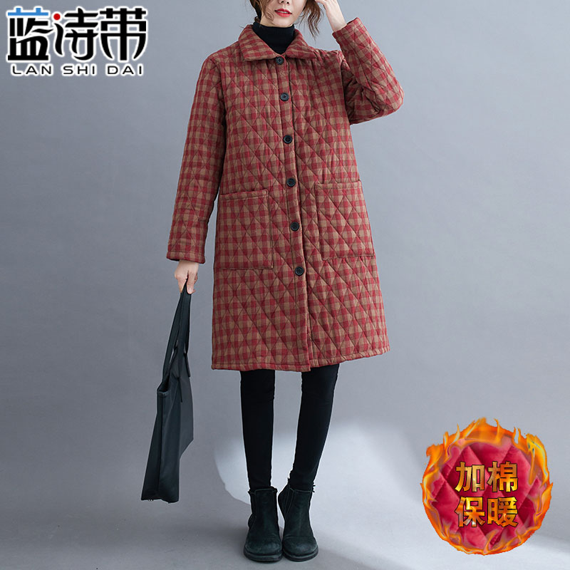 2021秋季新款文艺格子中长款宽松棉麻棉衣女大码复古夹棉大衣外套