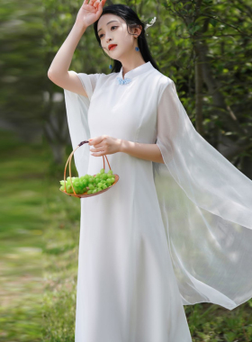新中式古风女装设计感仙气披肩白色连衣裙女夏雪纺温柔长裙仙女裙
