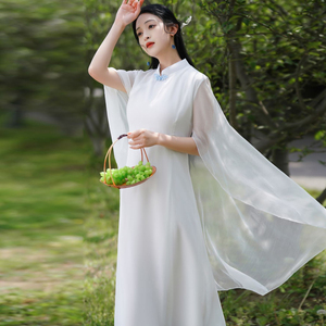 新中式古风女装设计感仙气披肩白色连衣裙女夏雪纺温柔长裙仙女裙