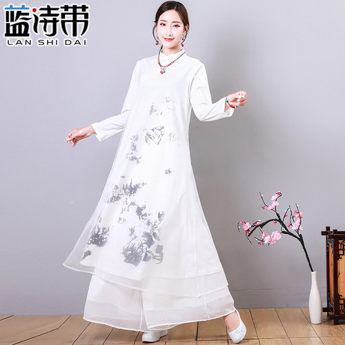 春季白色禅修水墨复古旗袍汉服