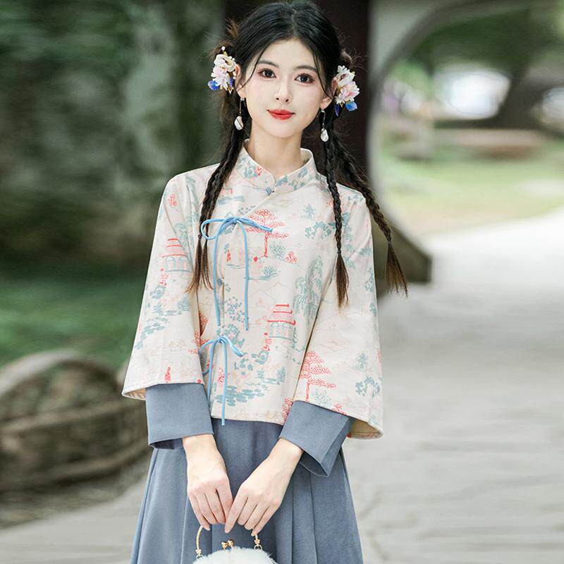 蓝诗带新中式国风茶艺服套装