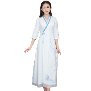 中国风连衣裙改良汉服女交领仙女古风日常茶服禅意收腰显瘦裙子夏