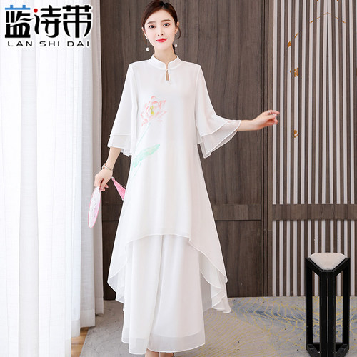 禅意茶服中国风连衣裙旗袍改良中式两件套装