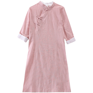 中国风棉麻禅意茶服连衣裙女套装复古文艺盘扣立领居士禅服两件套