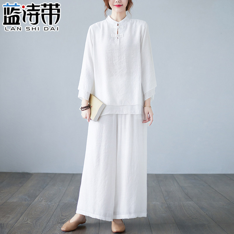 瑜伽服套装女2021秋禅意茶服打坐太极服佛系居士服白色棉麻禅修服