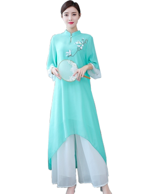 禅意仙气唐装复古两件套茶艺服