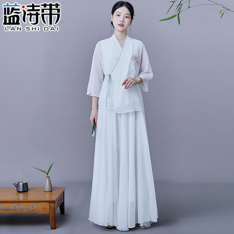 禅意茶服女仙气白色禅舞服中国风改良汉服瑜伽服雪纺上衣两件套装