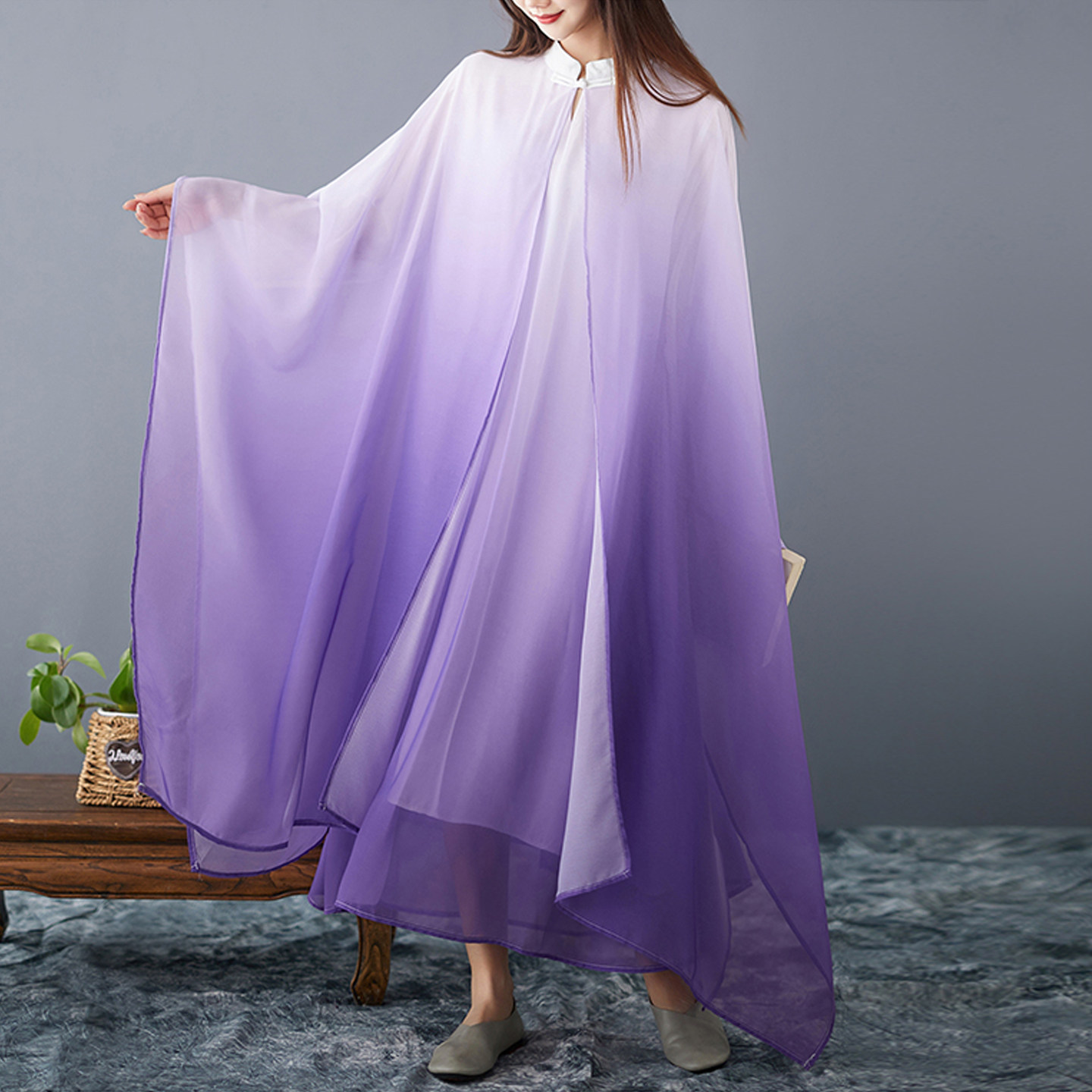 新中式立领渐变紫禅茶服仙气飘逸