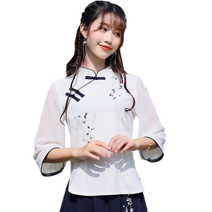 春夏款白色中国风复古改良汉服刺绣茶服采耳工作服设计感小众上衣