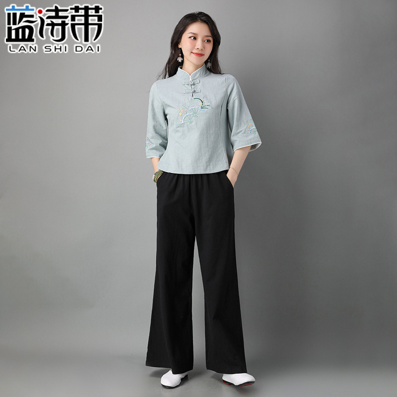 复古文艺刺绣盘扣棉麻粉色采耳技师女早秋款中式禅意茶服宽松上衣