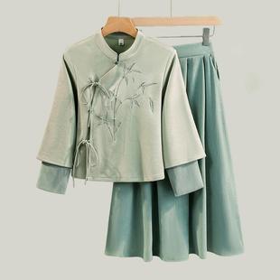 茶艺师服装上衣改良旗袍少女工作服新中式国风禅意2024秋冬两件套