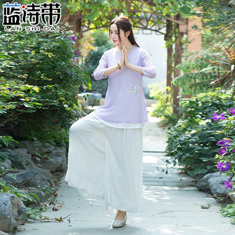 禅服女夏仙气佛系禅意打坐居士中国风茶服茶艺师采耳工作服两件套