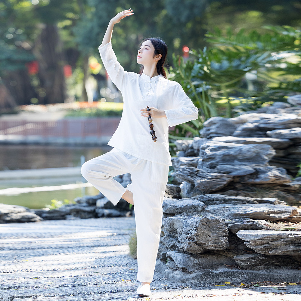 中国风太极拳禅意练功禅修服白色居士服春季中式古装佛系茶服棉麻