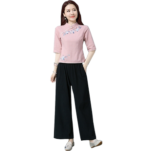 春夏中国风禅意女刺绣棉麻茶服两件套中式唐装禅修居士服瑜伽套装
