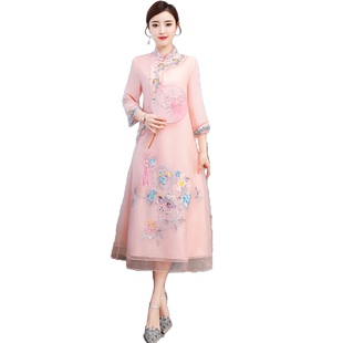 中国风新式旗袍刺绣连衣裙女年轻款高端气质妈妈时尚复古汉服长款